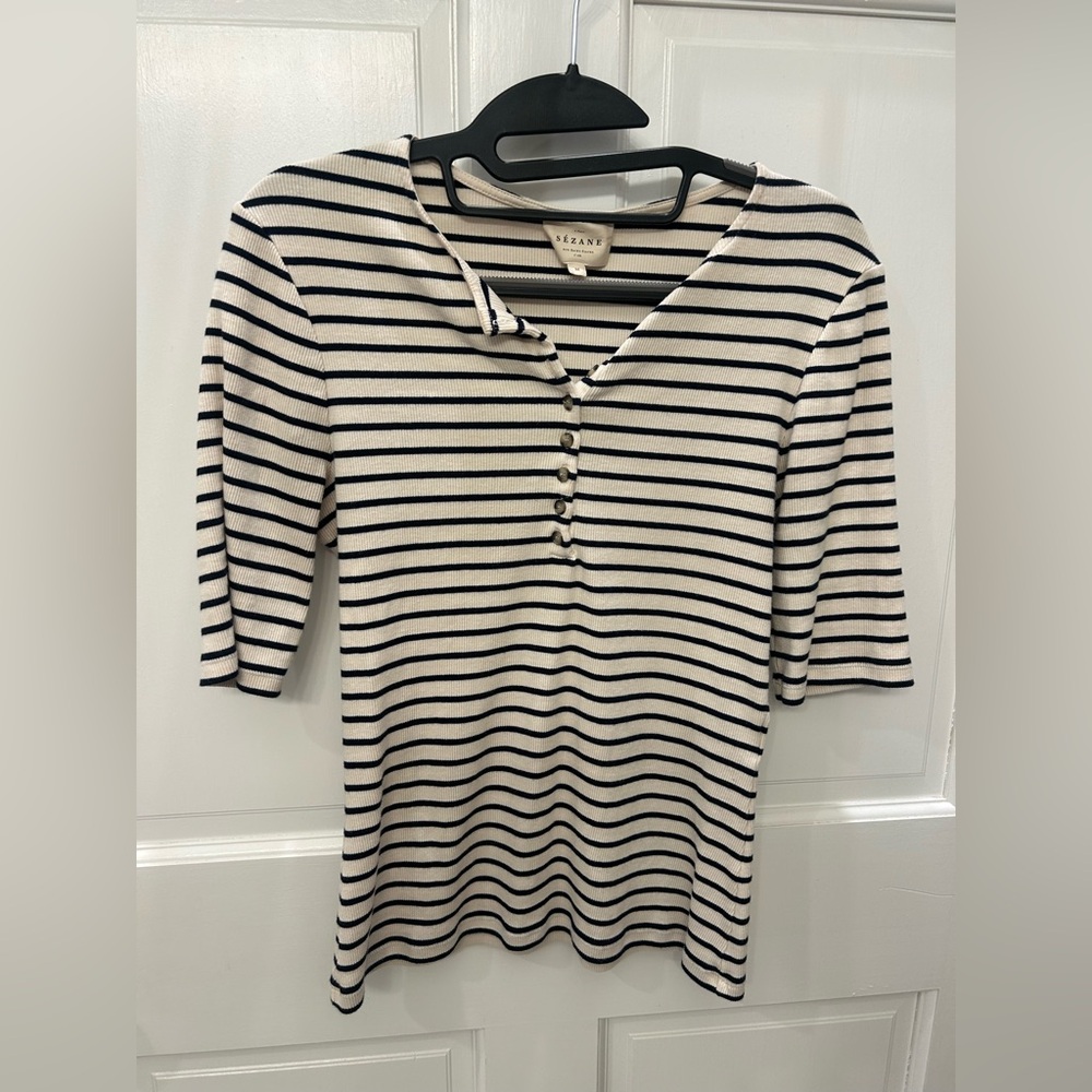 Sezane Navy and Cream Striped Short Sleeve Top